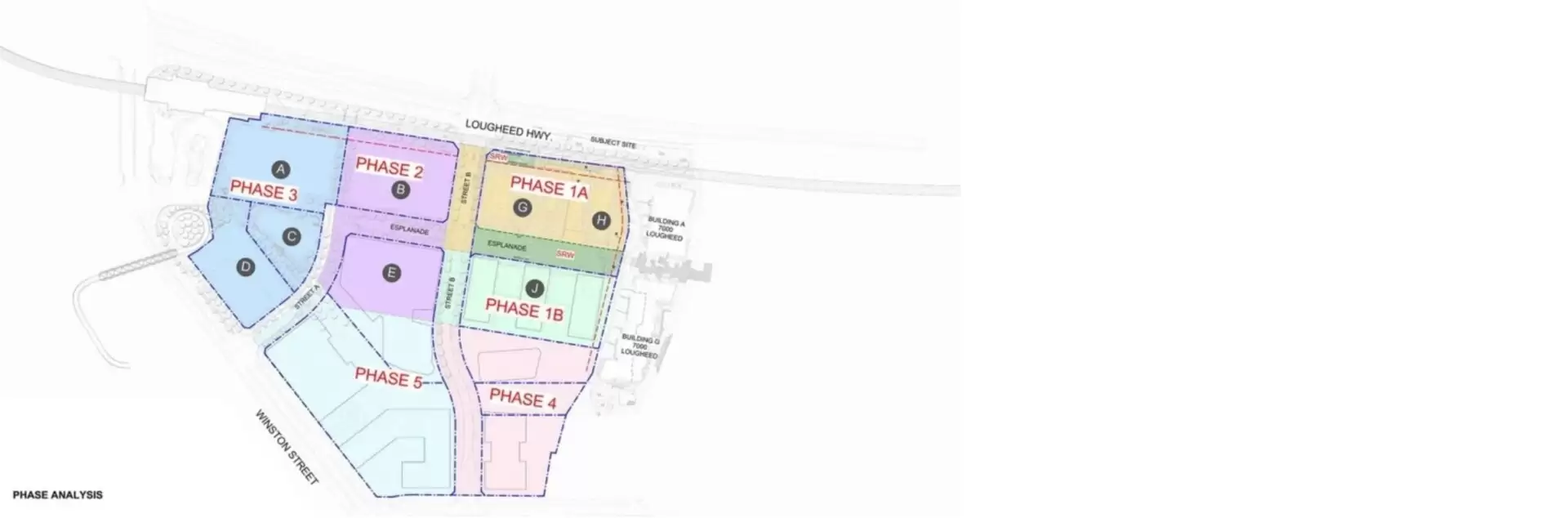 The 6800 Lougheed Highway site and phasing plan for Burnaby Lake Village.(Arcadis IBI Group, Create Properties, Peterson)

